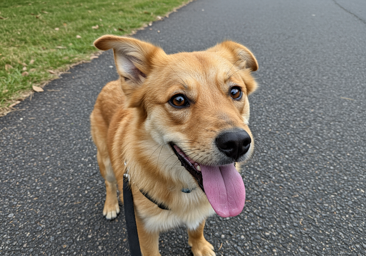 舗装路でこちらを見るリード付きの茶色い犬