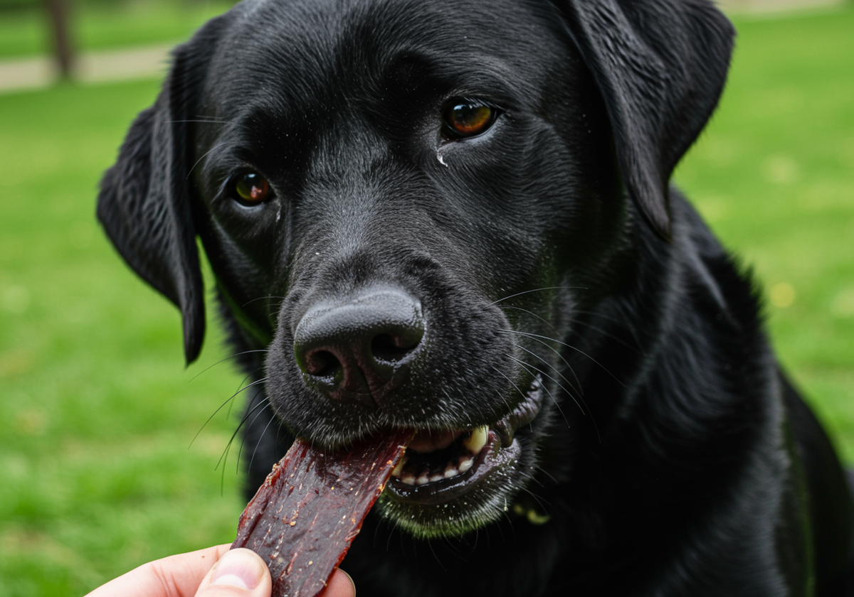 手から乾燥肉を受け取る黒い犬